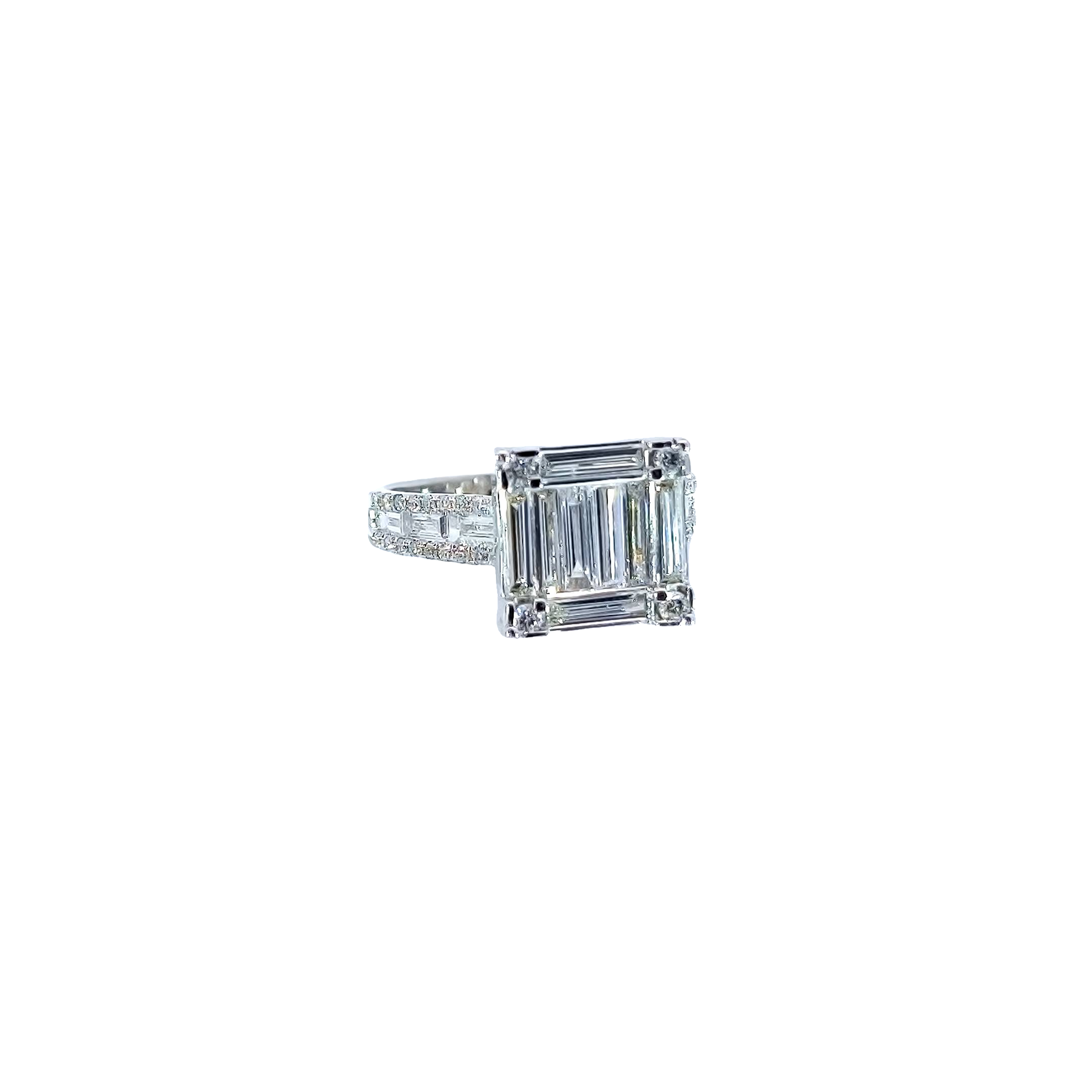 Square Diamond Baguette Ring With Side Stone