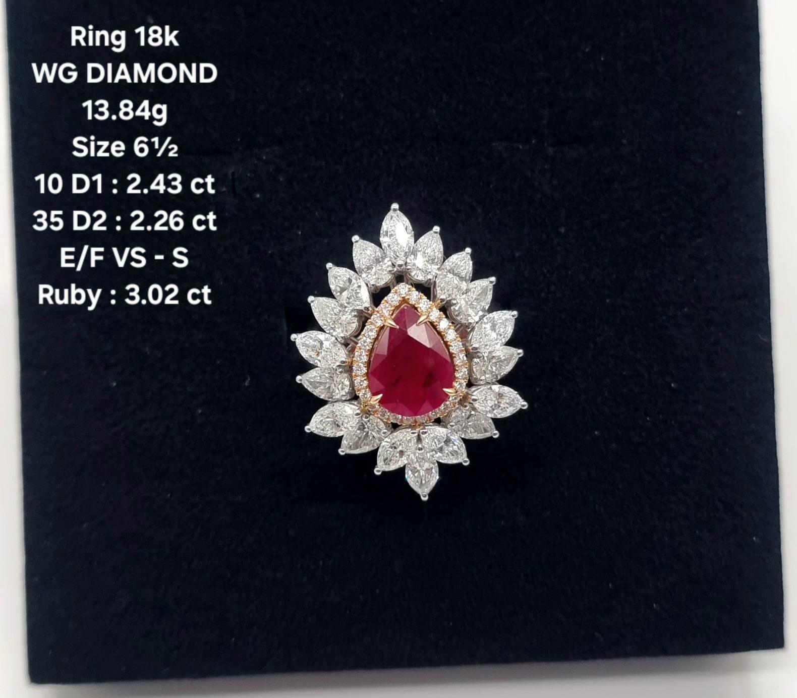 18k White Gold Cocktail Ring with Pear-Shaped Ruby and Diamond Halo