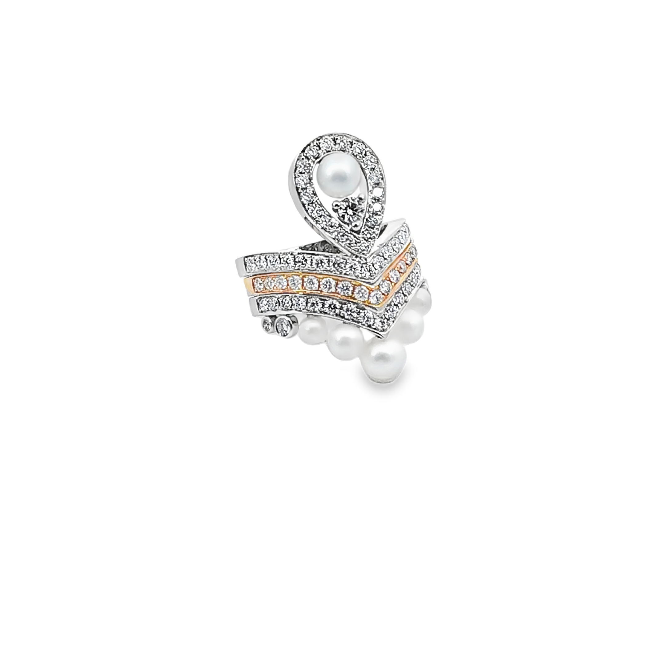 Triple Diamond Ring With Fresh water Pearls