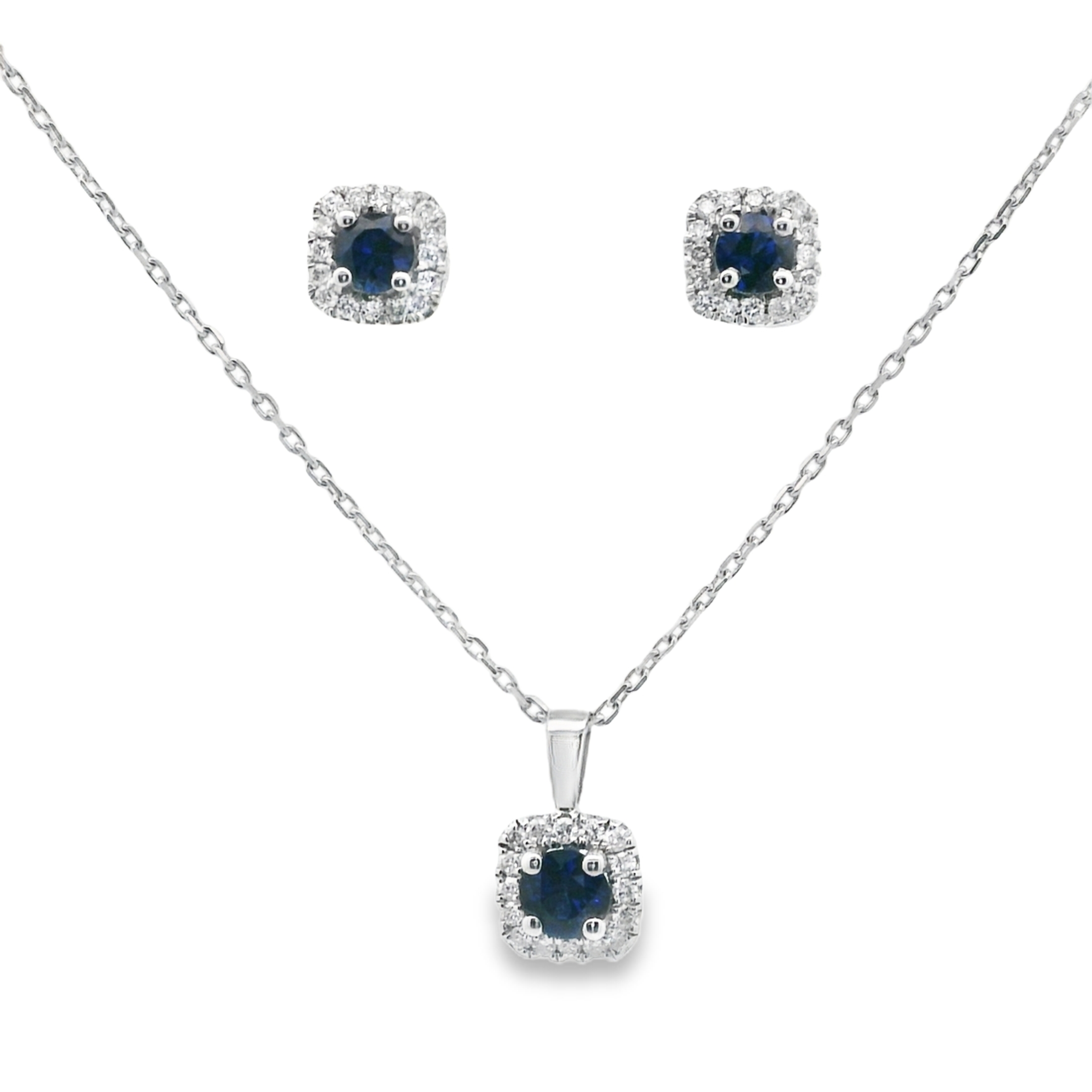 Cushion Sapphire Halo Diamond Jewelry Set