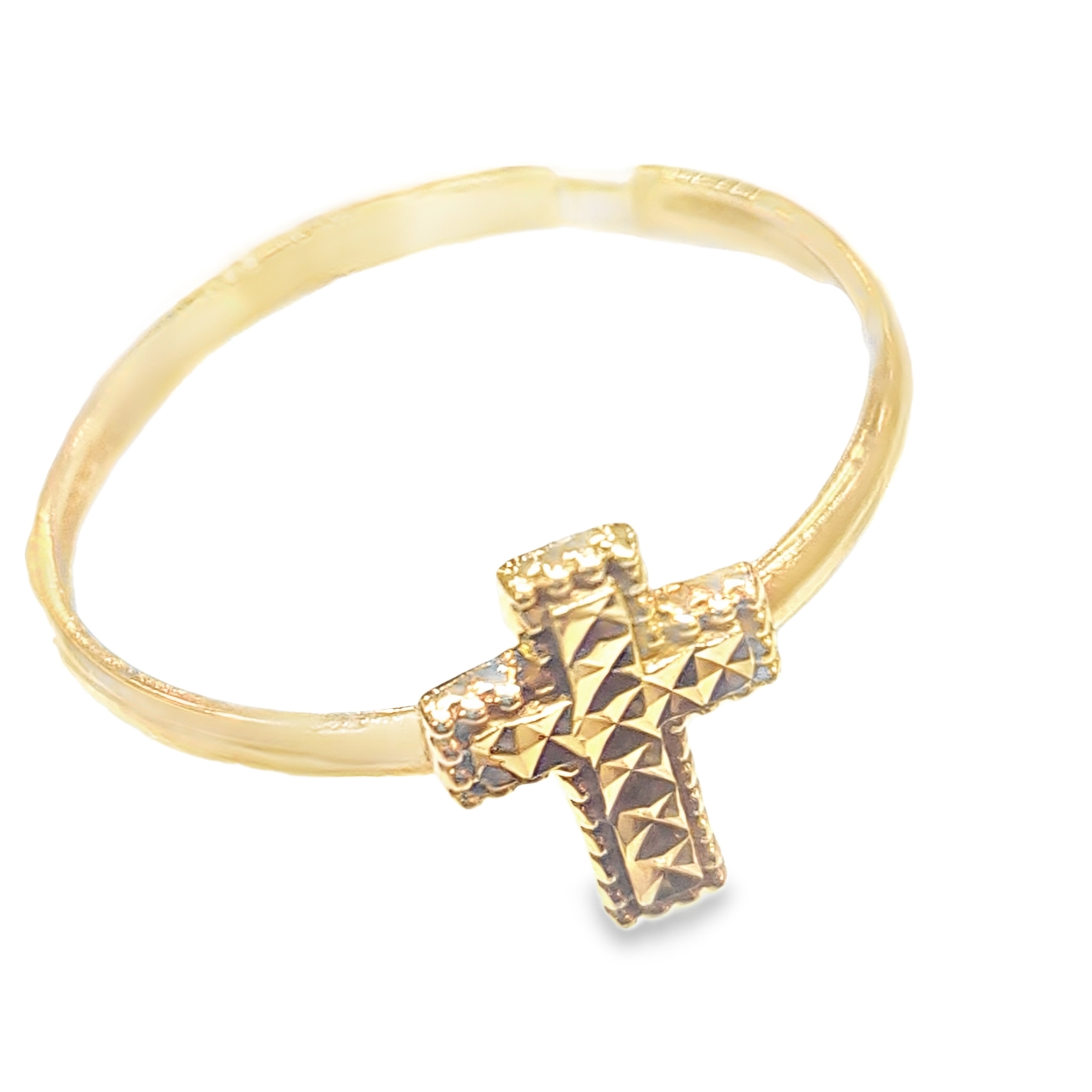 Yellow Gold Band Ring with Textured Cross Motif