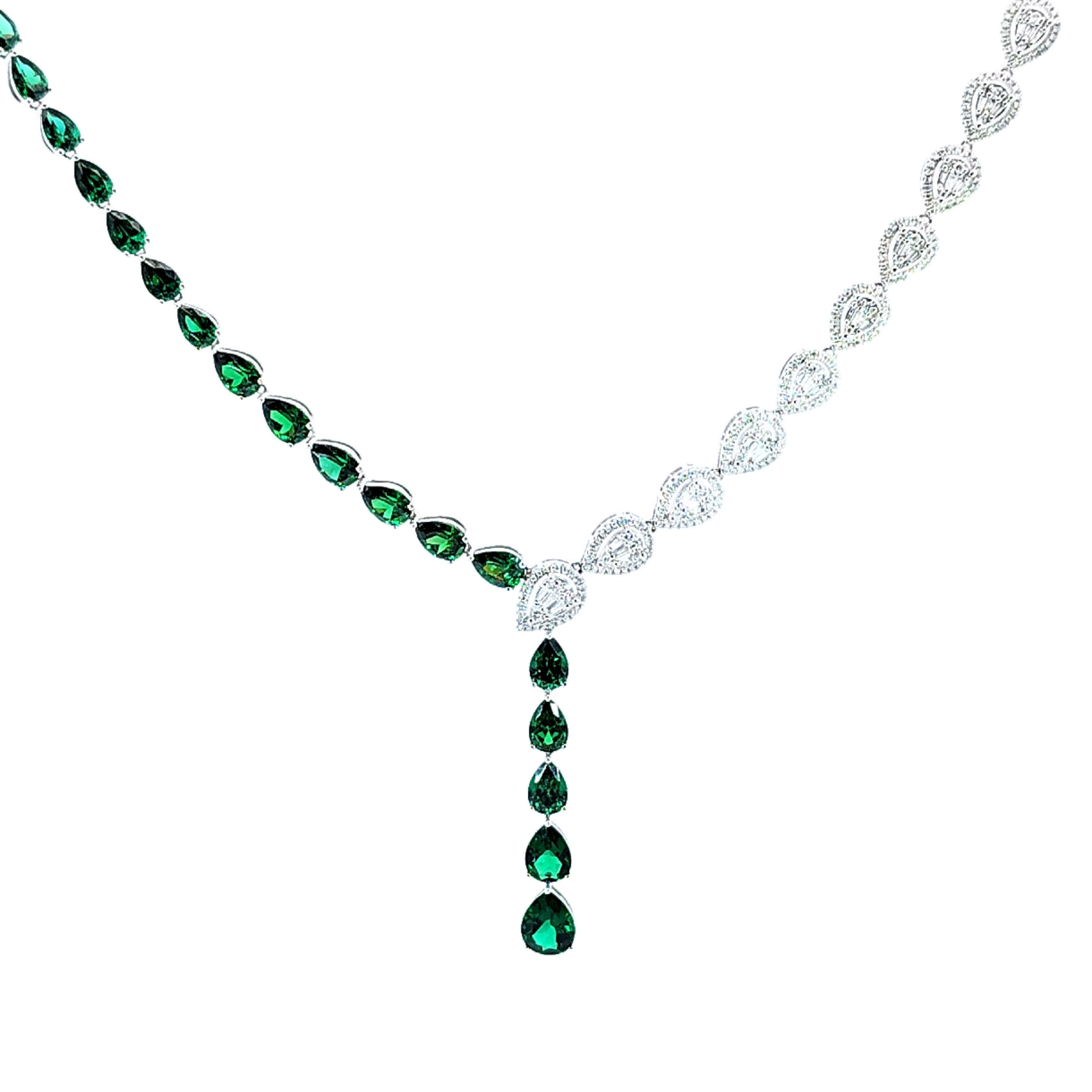 Pear Shape Drop Diamond Necklace with Emerald